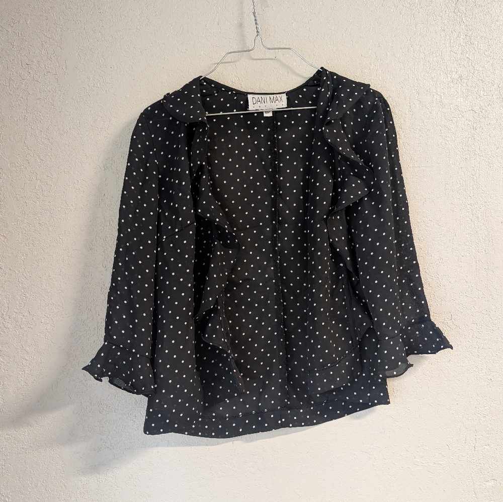 Black Polka Dot Top 8p Open Front Sheer Ruffle Whimsigoth Fairy Dainty Twee